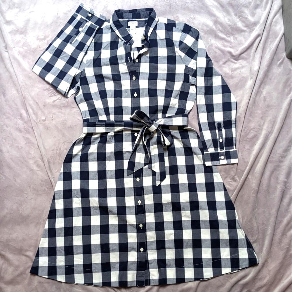 NWT J. Crew Navy & White Gingham Tie Waist Shirt Dress - Size 10 - MAKE OFFER!